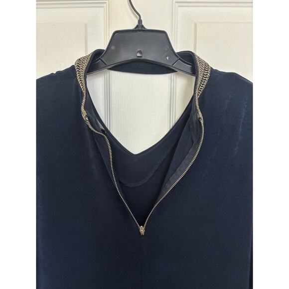 Chicos Travelers Navy Blue Gold Embroidered Midi Dress Sz 3 XL Slinky Stretch - Picture 6 of 7